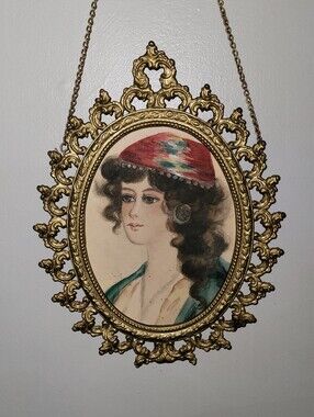 Vintage Watercolor In Ornate Brass Frame